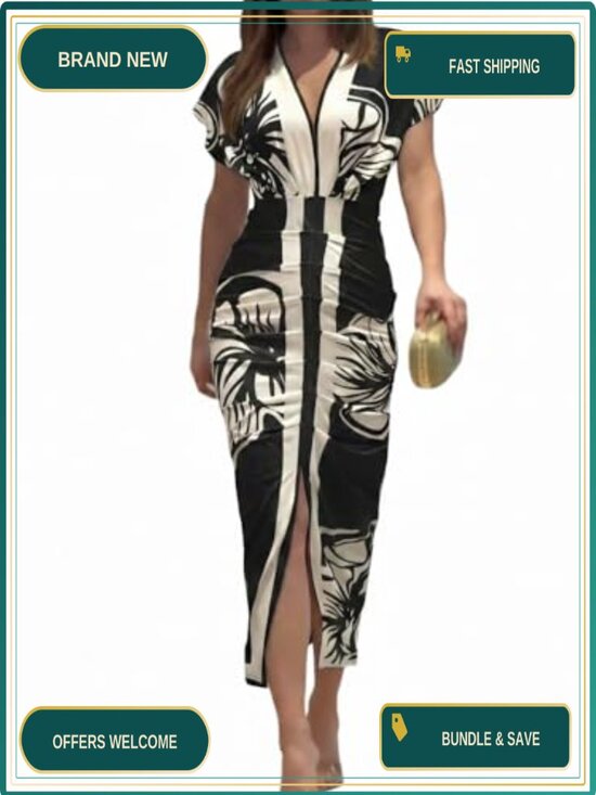 Dresses & Skirts - Women's Plunge V-Neck Ruched Midi Dress Floral Bodycon Side Slit